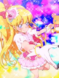 Rule 34 | 1girl, asahina mirai, bear, blonde hair, bow, bracelet, creature, cure miracle, gem, gloves, hair bow, hairband, hat, jewelry, long hair, looking at viewer, magical girl, mahou girls precure!, mini hat, mini witch hat, mofurun (mahou girls precure!), multicolored background, pink hat, pink skirt, precure, puffy sleeves, purple eyes, red bow, skirt, smile, sparkle, star (symbol), star in eye, symbol in eye, tj-type1, white gloves, witch hat