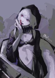 Rule 34 | 1girl, abyssal ship, bikini, bikini top only, black bikini, black nails, black scarf, blood, blood on hands, breasts, colored skin, dated, grey background, grey skin, hair between eyes, highres, kantai collection, licking, licking finger, long sleeves, nail polish, pale skin, pazuu, purple eyes, re-class battleship, scarf, short hair, signature, simple background, small breasts, solo, striped clothes, striped scarf, swimsuit, tail, tongue, white hair