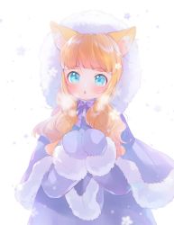 Rule 34 | 1girl, :o, animal ear fluff, animal ears, backlighting, blue eyes, blush, bow, bowtie, capelet, coat, commentary request, cowboy shot, fox ears, fur-trimmed capelet, fur-trimmed hood, fur trim, highres, hood, hooded coat, long hair, looking at viewer, mittens, mutou mato, open mouth, orange hair, original, own hands together, purple capelet, purple coat, simple background, snowing, solo, wavy hair, white background, winter clothes