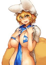 Rule 34 | 1girl, :d, absurdres, animal hat, areola slip, bad id, bad tumblr id, bare arms, between breasts, bikini, bikini top only, blonde hair, bottomless, breasts, chanta (ayatakaoisii), clothes lift, fang, fox tail, groin, hair between eyes, hand on own chest, hands up, hat, highres, hip focus, huge breasts, lifted by self, looking at viewer, mob cap, multiple tails, \n/, open mouth, shirt, shirt lift, short hair, short sleeves, sidelocks, simple background, slit pupils, smile, solo, stomach, sweat, swimsuit, tabard, tail, touhou, unaligned breasts, upper body, white background, yakumo ran, yellow eyes