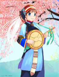 2000s_(style) blue_dress blue_eyes brown_hair cherry_blossoms china chinese_clothes commentary_request dress flower grass headdress holding holding_instrument instrument ishizaki_yuki lute_(instrument) music outdoors pink_flower playing_instrument ponytail sky smile tree yellow_flower yi_clothes yueqin yunnan_province