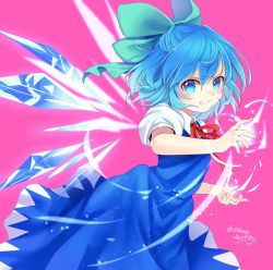 Rule 34 | 1girl, artist name, bad id, bad pixiv id, blue dress, blue eyes, blue hair, blush, bow, chikuwa savy, cirno, commentary request, cowboy shot, dress, green bow, grin, hair between eyes, hair bow, ice, ice wings, looking at viewer, neck ribbon, pinafore dress, pink background, puffy short sleeves, puffy sleeves, red ribbon, ribbon, shirt, short hair, short sleeves, simple background, sleeveless dress, smile, solo, touhou, twitter username, v-shaped eyebrows, white shirt, wings