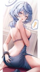 Rule 34 | !, 1girl, absurdres, ako (blue archive), ako (dress) (blue archive), ass, backless dress, backless outfit, blue archive, blue eyes, blue hair, breasts, butt crack, covering ass, covering privates, cuffs, dress, halo, highres, large breasts, looking at viewer, looking back, median furrow, misyune, nail polish, official alternate costume, shackles, sideboob, sitting, solo, spoken exclamation mark, sweat, tears, wariza