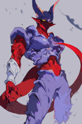 Rule 34 | 1boy, absurdres, akame (chokydaum), blue eyes, closed mouth, colored sclera, colored skin, dragon ball, dragonball z, fingernails, highres, horns, janemba, looking at viewer, muscular, muscular male, pointy ears, red skin, sharp fingernails, signature, simple background, solo, tail, yellow sclera