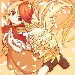 Rule 34 | 1girl, animal, animal on head, bird, bird on head, bird tail, bird wings, blonde hair, boots, brown footwear, capelet, chick, chicken, commentary request, dress, drruraguchi, feathered wings, multicolored hair, niwatari kutaka, on head, orange capelet, orange dress, red eyes, red hair, red neckwear, red ribbon, ribbon, shirt, short hair, tail, touhou, two-tone hair, white shirt, wings, yellow wings
