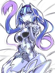 Rule 34 | 1girl, bare shoulders, bed, bed sheet, black gloves, blue eyes, blue hair, blue skin, blush, breasts, breath, colored skin, covering privates, covering crotch, elbow gloves, elemental (creature), female focus, glacies (monster girl encyclopedia), gloves, gradient hair, hand on own chin, headband, ice, ice elemental, long hair, looking at viewer, matching hair/eyes, medium breasts, monster girl, monster girl encyclopedia, multicolored hair, niwatori gunsou, no panties, purple hair, smile, smirk, snowflakes, solo, twintails, two-tone hair