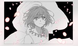 Rule 34 | 1girl, antenna hair, bad id, bad twitter id, dress, jewelry, looking at viewer, monochrome, necklace, parted lips, petals, rii2a77ru, sakura hime, short hair, solo, spot color, tsubasa chronicle, upper body, wind, worried