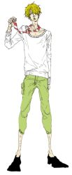 Rule 34 | 1boy, alternate style, blonde hair, full body, green pants, hair over one eye, male focus, necktie, one piece, one piece: strong world, pants, sanji (one piece), shirt, simple background, solo, standing, striped, striped necktie, sweater, white shirt