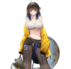 Rule 34 | 1girl, absurdres, ahoge, arknights, bare shoulders, black hair, blue eyes, blue hair, blunt bangs, breasts, camisole, chinese commentary, crop top, eugle na, eunectes (arknights), eunectes (forgemaster) (arknights), highres, jacket, large breasts, medium hair, midriff, multicolored hair, navel, off shoulder, official alternate costume, pants, pointy ears, sleeves past wrists, snake tail, solo, spaghetti strap, tail, two-tone hair, yellow jacket