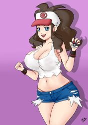 Rule 34 | 1girl, blue eyes, breasts, brown hair, cleavage, creatures (company), curvy, denim, denim shorts, game freak, gummslime, hat, highres, hilda (pokemon), large breasts, long hair, looking at viewer, midriff, navel, nintendo, no bra, open mouth, poke ball, pokemon, pokemon bw, ponytail, shorts, smile, solo, tank top, thighs, thong
