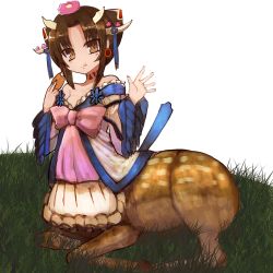Rule 34 | 10s, 1girl, :t, bad id, bad pixiv id, bow, brown eyes, brown hair, centauroid, clantail, deer, dress, earrings, eating, flower, frilled dress, frills, grass, hair flower, hair ornament, highres, hoop earrings, horn ornament, horn ribbon, horns, jewelry, long sleeves, looking at viewer, lying, mahou shoujo ikusei keikaku, mahou shoujo ikusei keikaku restart, monster girl, neck tattoo, off-shoulder dress, off shoulder, on ground, pink bow, ribbon, sidelocks, sirodengaku, solo, tattoo, taur, waving, wide sleeves