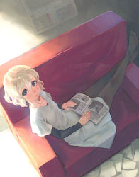 Rule 34 | 1girl, blonde hair, blue eyes, book, from above, lowres, no shoes, original, pantyhose, sitting, solo, weno, weno&#039;s blonde original character