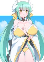 Rule 34 | 1girl, akitokage, alternate breast size, bare shoulders, bikini, blue sky, blush, bow, breasts, cleavage, dragon girl, dragon horns, fate/grand order, fate (series), green hair, highres, horns, huge breasts, japanese clothes, kimono, kiyohime (fate), kiyohime (fate/grand order), kiyohime (swimsuit lancer) (fate), kiyohime (swimsuit lancer) (first ascension) (fate), long hair, long sleeves, looking at viewer, multiple horns, off shoulder, sky, smile, solo, swimsuit, thighs, white kimono, wide sleeves, yellow bikini, yellow bow, yellow eyes