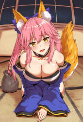Rule 34 | 1girl, animal ear fluff, animal ears, blue kimono, blue ribbon, blush, breasts, cleavage, collarbone, fang, fate/extella, fate/extra, fate/extra ccc, fate/grand order, fate (series), fox ears, fox girl, fox tail, hair ribbon, head tilt, highres, indoors, japanese clothes, kimono, kojima saya, large breasts, looking at viewer, open mouth, pink hair, pot, ribbon, solo, tail, tamamo (fate), tamamo no mae (fate/extra), yellow eyes
