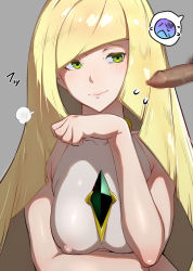 Rule 34 | 1boy, 1girl, bad id, bad pixiv id, bare shoulders, blonde hair, breasts, breasts squeezed together, censored, colored skin, covered erect nipples, creatures (company), foreskin, game freak, green eyes, ikuchan kaoru, long hair, looking at penis, looking to the side, lusamine (pokemon), md5 mismatch, medium breasts, mosaic censoring, multicolored skin, nintendo, nipples, penis, phimosis, pokemon, pokemon sm, small penis, small penis humiliation, smile, smirk