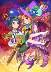 Rule 34 | 1boy, 1girl, absurdres, ahoge, blue eyes, blush, book, boots, carrying, child, crown, demon wings, earrings, feathers, green hair, hat, heterochromia, highres, jewelry, moon, orange hair, original, shoes, single shoe, smile, star (symbol), sword, teffish, thigh boots, thighhighs, weapon, wings, witch hat, yellow eyes