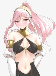Rule 34 | 1girl, armlet, bare shoulders, blush, braid, breasts, cleavage, cowboy shot, dancer, detached sleeves, fire emblem, fire emblem awakening, fire emblem heroes, grey background, hairband, highres, long hair, looking at viewer, medium breasts, midriff, navel, nintendo, o-ring, o-ring top, olivia (fire emblem), parted bangs, pink eyes, pink hair, ponytail, side braids, simple background, skeptycally, smile, solo, twin braids, twitter username, underboob