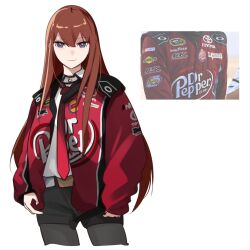 Rule 34 | 1girl, absurdres, alex bowman, alex bowman (cosplay), black pantyhose, black shorts, commentary, cosplay, english commentary, grey eyes, highres, holeecrab, jacket, long hair, looking at viewer, makise kurisu, nascar, necktie, pantyhose, photo inset, red jacket, red necktie, reference inset, shirt, shorts, smile, solo, steins;gate, toyota, very long hair, white background, white shirt