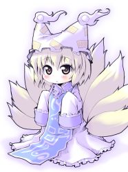Rule 34 | 1girl, aged down, animal hat, blonde hair, blush, child, dress, female focus, fox tail, frilled dress, frills, hat, long sleeves, meta36, meta ooyake, mob cap, multiple tails, oversized clothes, mob cap, short hair, sleeves past wrists, solo, tabard, tail, tassel, touhou, white background, wide sleeves, yakumo ran, yellow eyes