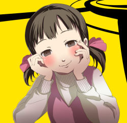 Rule 34 | 1girl, atlus, bad id, bad pixiv id, blush, brown eyes, brown hair, child, doujima nanako, hands on own cheeks, hands on own face, ma (2ql), persona, persona 4, short hair, smile, solo, twintails, yandere trance