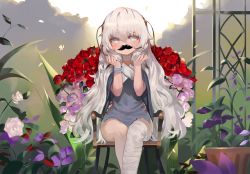 Rule 34 | 1girl, absurdres, bad id, bad pixiv id, bandaged leg, bandages, blush, chair, dokomon, dress, fake facial hair, fake mustache, flower, girls&#039; frontline, grey dress, grey eyes, grey hair, grey nails, hair between eyes, hands up, highres, long hair, looking at viewer, nail polish, on chair, pink flower, pink rose, purple flower, red flower, red rose, ribeyrolles (girls&#039; frontline), rose, short sleeves, sitting, solo, thick eyebrows, very long hair, white flower, white rose, wide sleeves