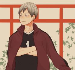 Rule 34 | 1boy, brown eyes, closed mouth, commentary request, crossed arms, grey hair, haikyuu!!, jacket, jacket on shoulders, kita shinsuke, laugh 111, leaf, looking to the side, male focus, multicolored hair, short hair, solo, sportswear, torii, track jacket, two-tone hair, volleyball uniform