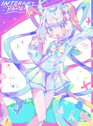 Rule 34 | 1girl, :d, blue bow, blue eyes, blue hair, blue shirt, blue skirt, blunt bangs, bow, chouzetsusaikawa tenshi-chan, dolphin, hair bow, halo, highres, holographic clothing, long hair, long sleeves, looking at viewer, lsd, multicolored hair, multiple hair bows, needy girl overdose, open mouth, pill, pink bow, pink hair, pleated skirt, purple bow, quad tails, sailor collar, school uniform, serafuku, shirt, skirt, smile, solo, song name, sparkle, standing, sushiuma m, twintails, twitter logo, v, very long hair, yellow bow