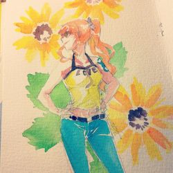 Rule 34 | 1girl, artist request, flower, hands on own hips, nami (one piece), one piece, orange hair, solo, source request, sunflower, sunglasses, tattoo, traditional media, traditional media, travessinglethe