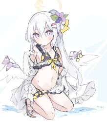 Rule 34 | 1girl, angel wings, azusa (blue archive), blue archive, crescent halo, crossed bangs, feathered wings, hair between eyes, halo, highres, long hair, looking at viewer, low wings, navel, purple eyes, solo, swimsuit, white hair, white wings, wings, yellow halo, yuketsu