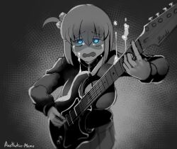 Rule 34 | 1girl, aestheticc-meme, artist name, blue eyes, blurry, bocchi the rock!, breasts, crying, depth of field, electric guitar, gotoh hitori, guitar, hair between eyes, highres, holding, holding guitar, holding instrument, instrument, kagurabachi, kagurabachi pose (meme), large breasts, long hair, monochrome, music, one side up, parody, playing instrument