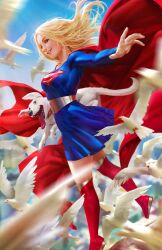 Rule 34 | 1girl, animal, bird, blonde hair, blue dress, blue sky, blurry, boots, brown eyes, cape, day, dc comics, dcwj, depth of field, dog, dove, dress, highres, holding, holding animal, holding dog, knee boots, krypto the superdog, long hair, long sleeves, open mouth, outdoors, print dress, red cape, red footwear, signature, silver belt, sky, supergirl, superman (series), superman logo, tongue, tongue out, white dog