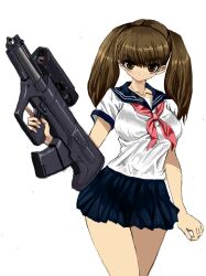 Rule 34 | 1girl, airburst grenade launcher, alliant techsystems, bow, breasts, brown eyes, brown hair, bullpup, computerized scope, grenade launcher, gun, heckler &amp; koch, holding, holding gun, holding weapon, l-3 ios brashear, lens, long gun, looking at viewer, medium breasts, military, military program, oicw increment 2 (military program), oicw increments (military program), orbital atk, original, precision-guided firearm, prototype design, ribbon, school uniform, scope, semi-automatic firearm, semi-automatic grenade launcher, short hair, sight (weapon), simple background, skirt, smart scope, telescopic sight, toshi (little-fluffy-cloud), uniform, weapon, white background, xm104 (smart scope), xm25 cdte