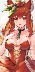 Rule 34 | 1girl, animal ears, anthuria, anthuria (holiday), bad id, bad pixiv id, blue choker, blue ribbon, breasts, choker, cleavage, collarbone, commentary request, erune, granblue fantasy, hair ornament, hat, highres, koretsuki azuma, looking at viewer, medium breasts, red eyes, red hair, red hat, revision, ribbon, ribbon choker, solo, upper body