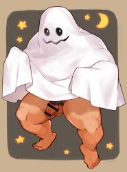 Rule 34 | 1boy, arms up, bar censor, bara, barefoot, censored, flaccid, foreskin, ghost costume, halloween, highres, kuro nezumi inu, male focus, male pubic hair, nude, original, penis, pubic hair, testicles, thick thighs, thighs, translation request