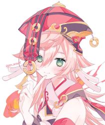 Rule 34 | 1girl, artist name, bare shoulders, blush, breasts, cleavage, cleavage cutout, clothing cutout, coin, commentary request, finger to mouth, gen arare, genshin impact, green eyes, hair between eyes, hand up, hat, highres, horns, long hair, long sleeves, looking at viewer, pink hair, qingdai guanmao, red hat, simple background, sleeveless, smile, solo, swept bangs, twitter username, white background, yanfei (genshin impact)