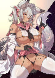 Rule 34 | 1girl, :q, animal ears, areola slip, ass, bare shoulders, black gloves, black panties, blush, body writing, breasts, clothes lift, condom, condom wrapper, dark-skinned female, dark skin, fox ears, fox tail, garter straps, gloves, grey hair, half gloves, lifting own clothes, looking at viewer, m/, original, panties, purple eyes, skirt, skirt lift, solo, tail, tajima ryuushi, tally, thighhighs, tongue, tongue out, twintails, underwear, white thighhighs