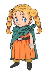 Rule 34 | 1girl, aged down, belt, bianca (dq5), blonde hair, blue eyes, blush, boots, bracelet, braid, brown footwear, cape, child, cloak, closed mouth, commentary request, dragon quest, dragon quest v, dress, earrings, full body, gan2, green cape, green cloak, hair pulled back, highres, jewelry, long hair, looking at viewer, orange dress, smile, solo, standing, twin braids, white background
