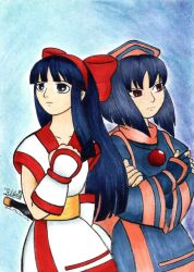 Rule 34 | 2girls, ainu clothes, artist name, blue hair, breasts, clenched hand, crossed arms, expressionless, fingerless gloves, gloves, grey eyes, hair ribbon, hand on own chest, long hair, medium breasts, multiple girls, nakoruru, parted lips, red eyes, rera, ribbon, samurai spirits, short hair, snk, traditional media, weapon
