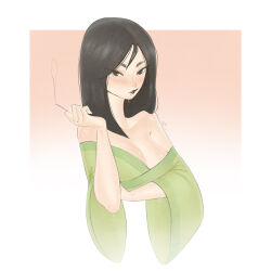 Rule 34 | 1girl, bare shoulders, black eyes, black hair, black lips, breasts, chinese clothes, cleavage, commentary, cropped torso, english commentary, fa mulan (disney), medium breasts, mulan, off shoulder, pout, smoke, solo, tequilanart, upper body, wide sleeves
