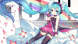 Rule 34 | 1girl, ao jun, aqua eyes, aqua hair, black thighhighs, character name, dated, hatsune miku, headphones, highres, long hair, microphone, microphone stand, open mouth, solo, thighhighs, twintails, very long hair, vocaloid