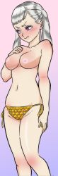 Rule 34 | 1girl, black clover, blush, female focus, hand on breast, noelle silva, nude, pale skin, purple eyes, shy, silver hair, simple background, solo, swimsuit, topless