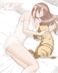 Rule 34 | 1girl, bandeau, bed, brown hair, capcom, cat, chemise, earrings, closed eyes, felyne, highres, jewelry, long hair, lying, monster hunter (series), necklace, nightgown, on side, oshiyan, pillow, see-through, sleeping, solo, strap slip