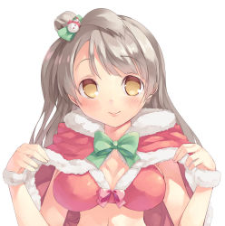 Rule 34 | 10s, 1girl, blush, bow, bra, breasts, brown eyes, brown hair, capelet, cleavage, fur trim, hair bow, long hair, looking at viewer, love live!, love live! school idol project, mikage sekizai, minami kotori, santa costume, side ponytail, smile, solo, underwear, wristband
