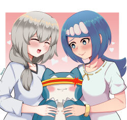 Rule 34 | 2girls, absurdres, blue eyes, blue hair, blush, bracelet, breasts, closed eyes, collarbone, commission, covered eyes, creatures (company), crossover, eyelashes, face to breasts, fangs, game freak, gen 1 pokemon, glasses, gradient background, grey hair, happy, heart, highres, jewelry, kusero 93, lana&#039;s mother (pokemon), large breasts, long hair, looking at another, matching hair/eyes, mature female, multiple girls, nintendo, open mouth, pink background, pokemon, pokemon (anime), pokemon sm (anime), sandwiched, shirt, side ponytail, smile, snorlax, standing, upper body, uzaki-chan wa asobitai!, uzaki tsuki, white background, white shirt