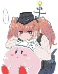Rule 34 | ..., 1girl, atlanta (kancolle), black eyes, blue eyes, blush, brown hair, camouflage, closed mouth, crossover, earrings, fukidamari no peke, garrison cap, gloves, hat, headgear, high-waist skirt, jewelry, kantai collection, kirby, kirby (series), long hair, long sleeves, nintendo, partially fingerless gloves, rigging, simple background, single earring, skirt, star (symbol), star earrings, star rod, twintails, two side up, white background