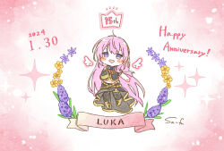 Rule 34 | :d, angel wings, anniversary, black shirt, black thighhighs, character name, chibi, crown, dated, detached sleeves, flower, full body, hand on own chest, headset, highres, lavender (flower), long hair, long skirt, megurine luka, open mouth, pink hair, purple eyes, purple flower, sa-fu (sfmk39), shirt, side slit, signature, single detached sleeve, skirt, smile, sparkle, thighhighs, vocaloid, watercolor background, wings, yellow flower