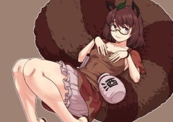 Rule 34 | 1girl, :3, animal ears, brown background, brown eyes, brown hair, brown shirt, brown skirt, closed mouth, futatsuiwa mamizou, glasses, gourd, kakone, leaf, leaf on head, looking at viewer, outline, raccoon ears, raccoon girl, raccoon tail, shirt, short hair, short sleeves, simple background, skirt, smile, solo, tail, touhou, white outline