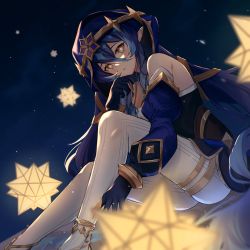 Rule 34 | 1girl, atychi, bare shoulders, black gloves, blue hair, blue hood, blurry, blurry foreground, bright pupils, detached sleeves, feet out of frame, genshin impact, gloves, hair between eyes, highres, layla (genshin impact), long hair, long sleeves, looking at viewer, night, night sky, pants, parted lips, pointy ears, sky, small stellated dodecahedron, solo, sparkle print, star (sky), starry sky, thighlet, white pants, white pupils, yellow eyes