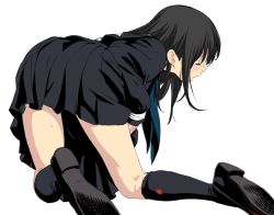 Rule 34 | 1girl, all fours, ass, black hair, blush, closed eyes, female focus, from behind, highres, kneehighs, legs, long hair, magomago, open mouth, original, school uniform, shoes, simple background, skirt, socks, solo, sweatdrop, white background