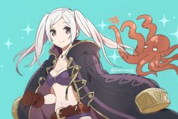 Rule 34 | 1girl, belt, bikini, blue background, breasts, brown eyes, brown gloves, cleavage, closed mouth, fire emblem, fire emblem awakening, fire emblem heroes, gloves, highres, jewelry, juria0801, necklace, nintendo, o-ring, o-ring bikini, octopus, robin (female) (fire emblem), robin (fire emblem), simple background, smile, solo, swimsuit, twintails, twitter username, upper body, white hair